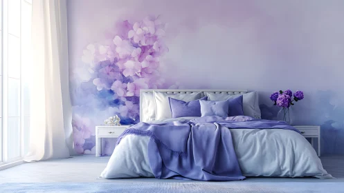 Soft lavender bedroom soaked in dreamy morning light.