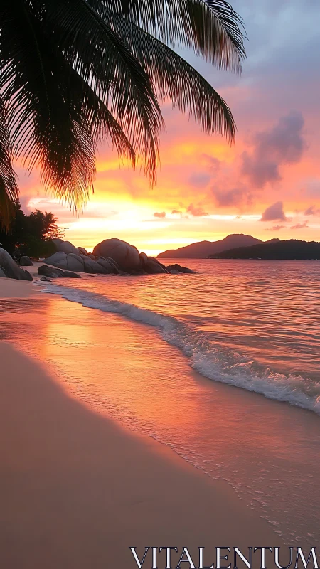 Tropical beach sunset with glowing surf reflections.