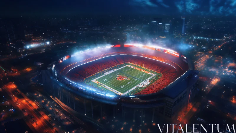 Nighttime aerial view of illuminated football stadium event.