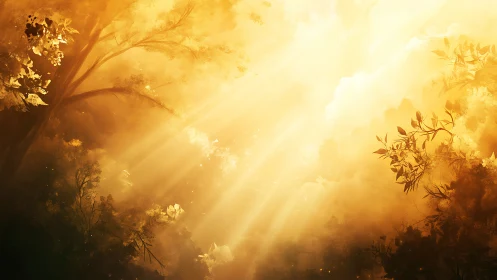 Sunlit forest veil where golden dawn pours like fire.