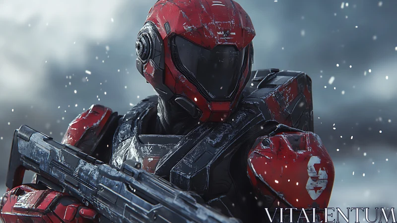 Red armored space guardian standing in gentle falling snow.