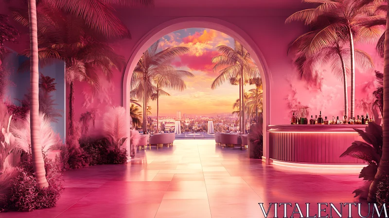 Architectural interior rendered with saturated magenta palette and arched aperture.