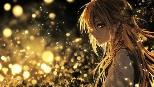 Golden bokeh-lit anime girl with luminous green eyes at dusk.