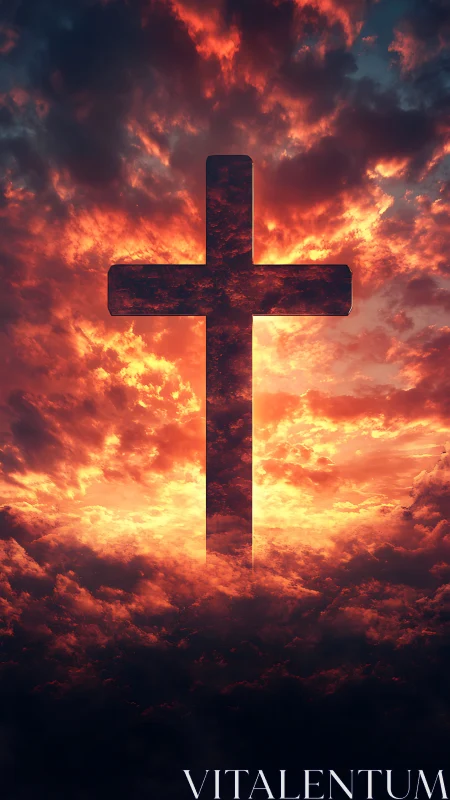 Silhouette cross centered in dramatic fiery sunset sky.