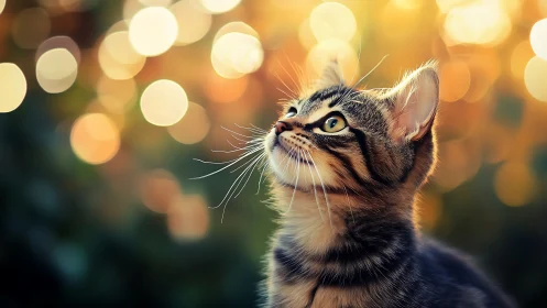 Tabby Cat Portrait with Upward Gaze Against Bokeh Backdrop