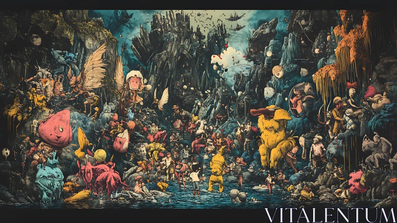 Crowded fantasy cavern packed with bizarre creatures.