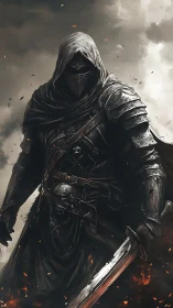 Armored hooded swordsman in dark smoke filled environment.