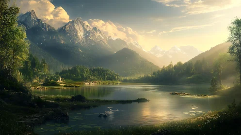 Mountain lake reflects distant peaks in warm evening light