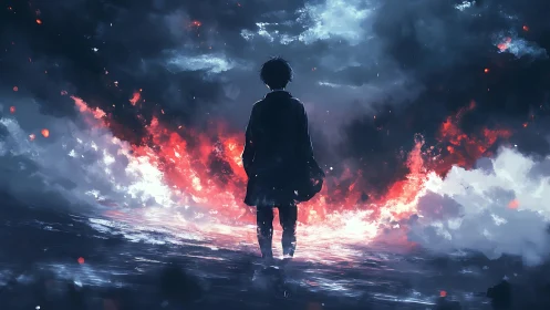 Lone silhouette strolling between stormfire and starlit sea.