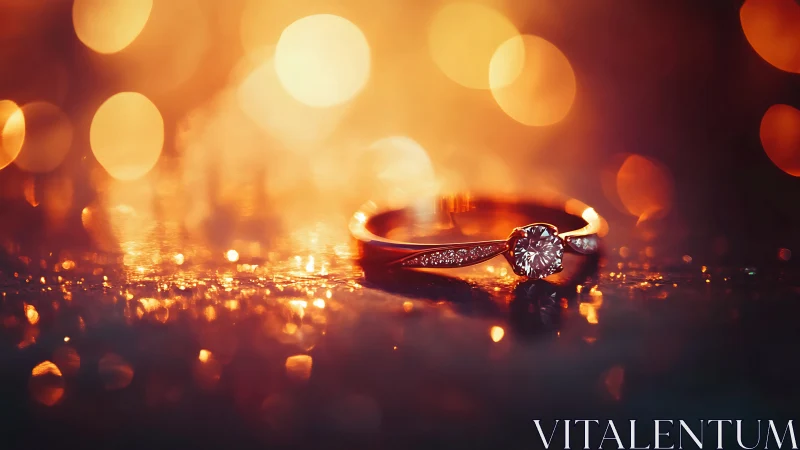 Photographic macro study of diamond ring in bokeh field.