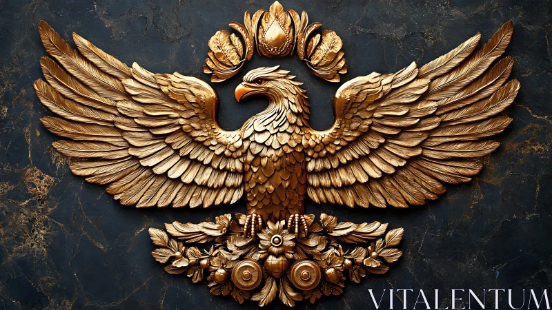 Gilded heraldic eagle bas relief with baroque floral insignia.