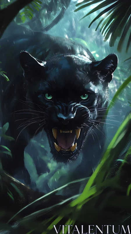 Black Panther with Emerald Eyes in Jungle Foliage