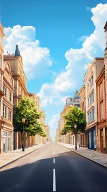 Sunlit European boulevard under vivid blue summer sky.