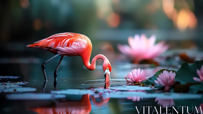 Flamingo in shallow pond among pink water lilies at dusk.