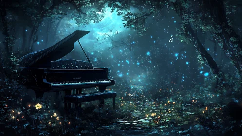 Midnight grand piano glowing under ethereal forest lights