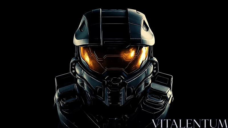 Gleaming sci fi combat helmet glows warmly in the dark