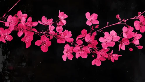 Neon Pink Cherry Blossoms Branch Against Black