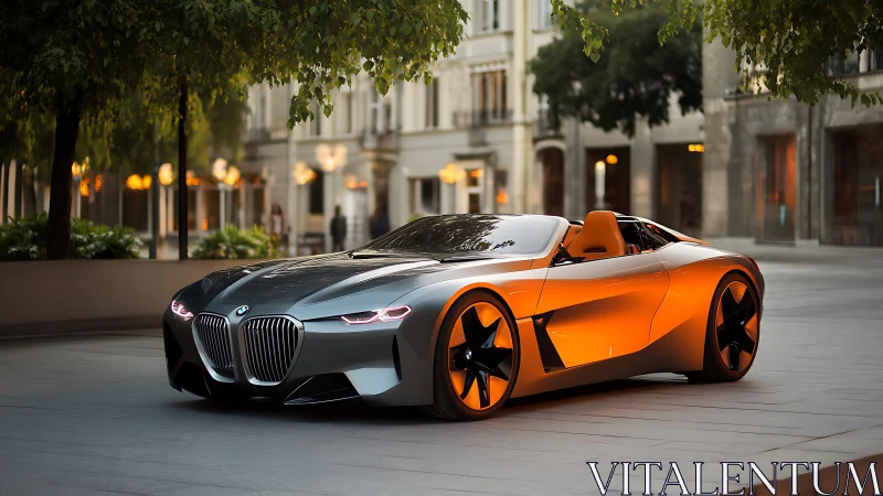 Silver and orange BMW roadster concept in urban plaza.