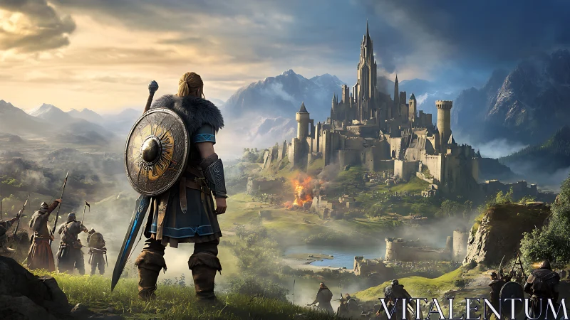 Viking warband confronts burning mountain citadel at dawn