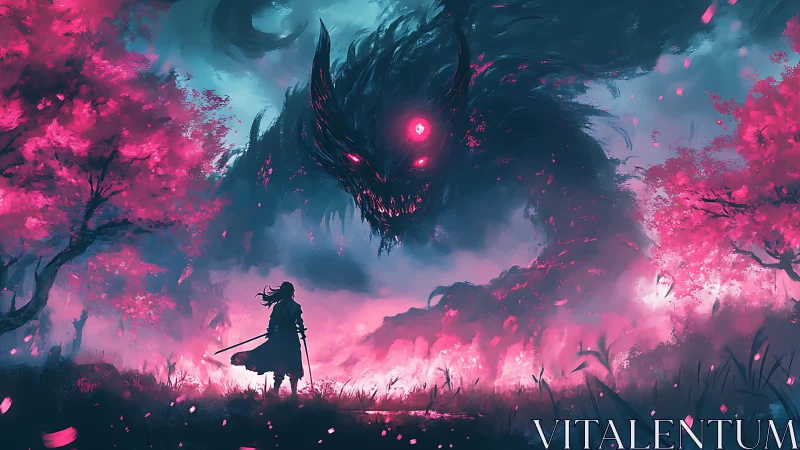 Blossom-lit warrior interrupts a neon storm of shadow teeth