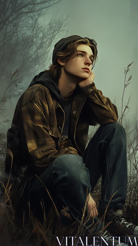 Pensive youth in misty field rendered as digital portrait.