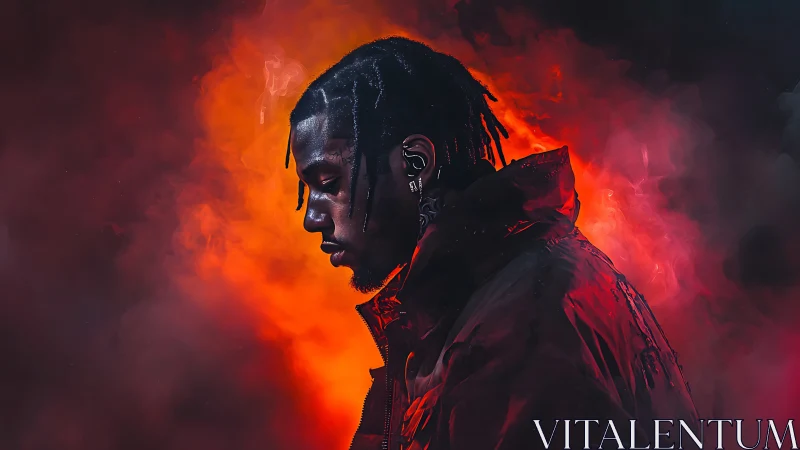 Moody side-profile portrait in vivid red smoke lighting