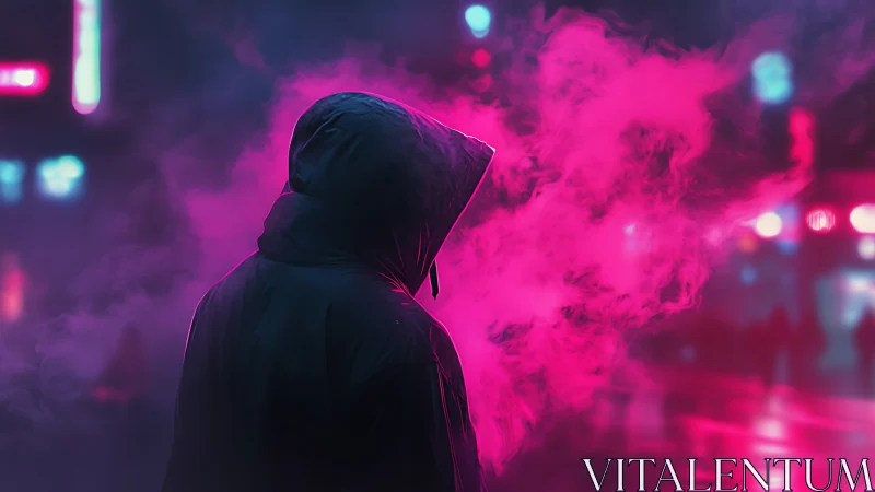 Hooded figure in neon vapor walks through a cyberpunk night.