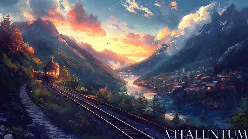 Sunset mountain railway glows above a tranquil riverside town