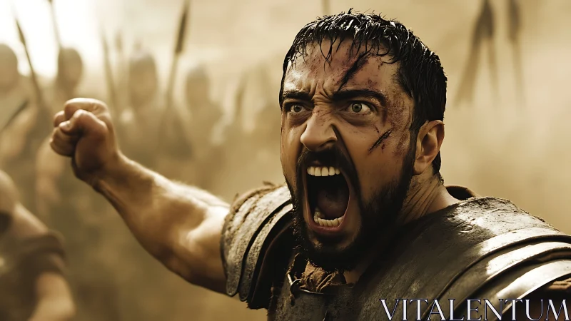 Battle-hardened warrior roars amid dust-filled battlefield.
