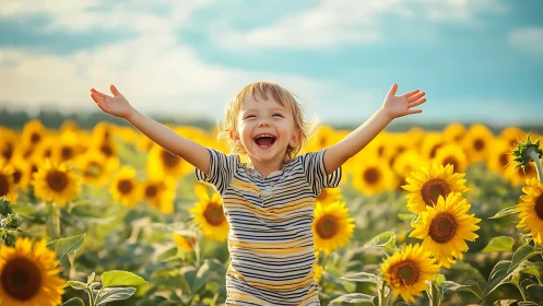 Child stands smiling with raised arms in sunflower field