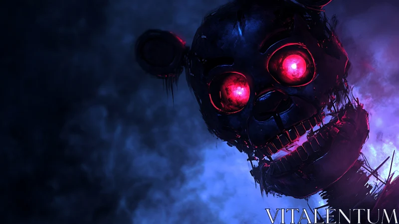 Mechanical bear head with illuminated eyes in dark void.