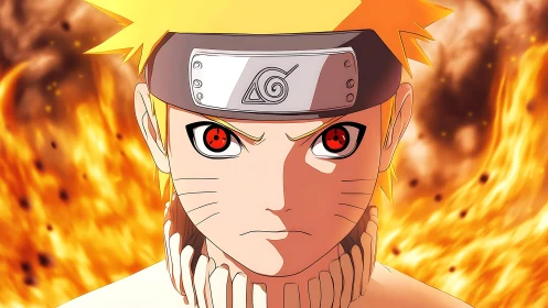 Fiery ninja glare before the storm of swirling chakra flames.