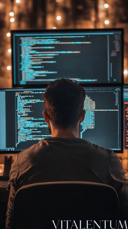 Software developer coding at dual monitors in dim office.