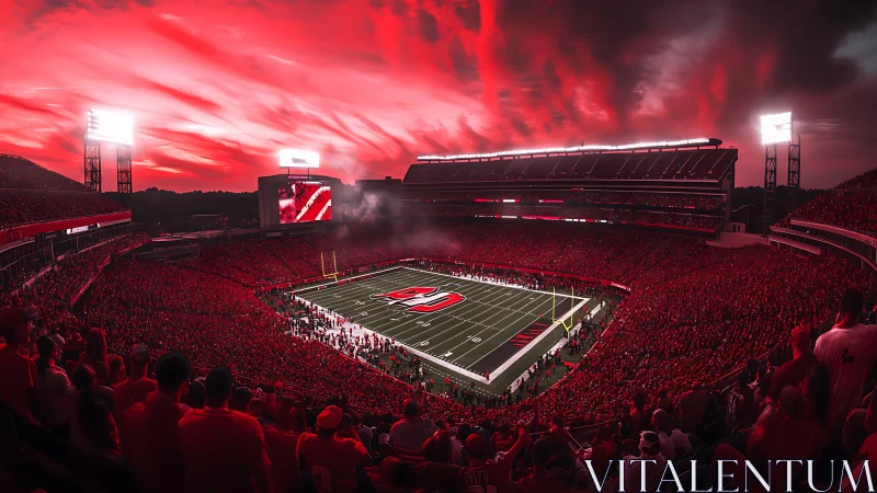 Scarlet-lit football stadium pulses under dramatic sky.