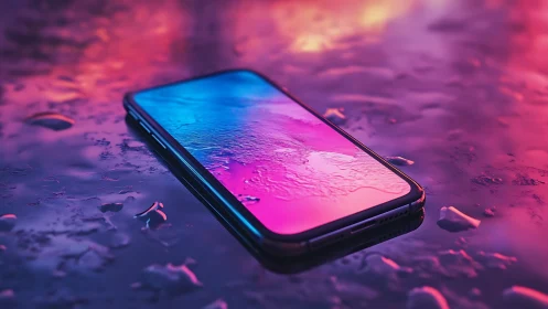 Iridescent smartphone on wet surface under neon bokeh glow.