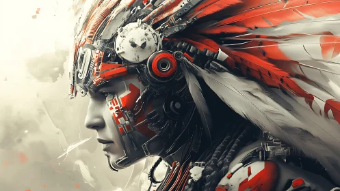 Cybernetic profile portrait merges mech plating with feathered headdress
