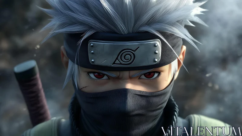 Silver haired masked ninja rendered in detailed close up