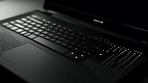 Sleek black laptop glowing softly with modern dotted lights.