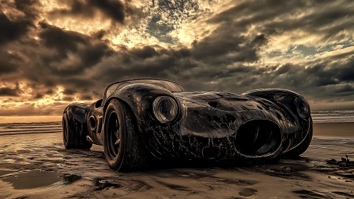 Sculpted black sports car on stormy cinematic shoreline.