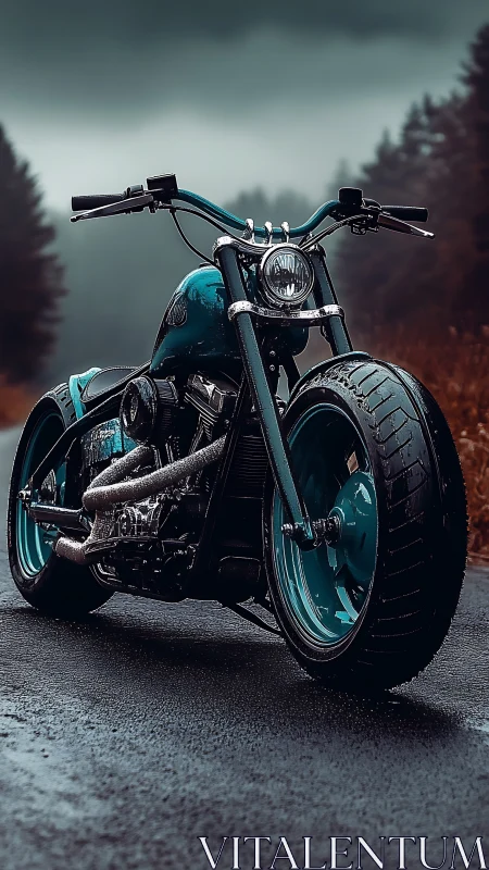 Custom teal motorcycle waiting on a misty forest road.