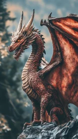 Red scaled dragon on rocky outcrop in forest setting.