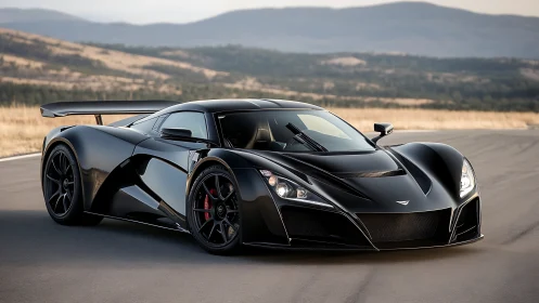 Black mid‑engine hypercar on empty track in open landscape.