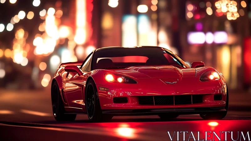 Crimson sports coupe idling under luminous city lights.