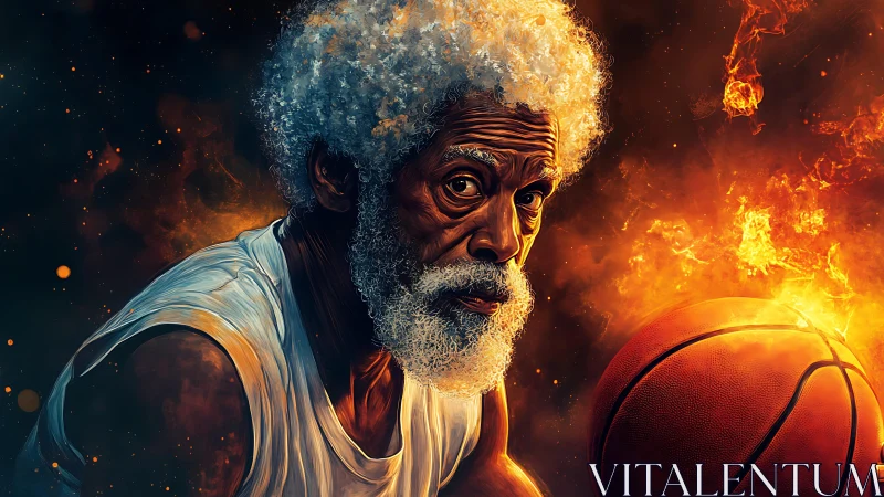 Elderly basketball player in fiery cinematic digital portrait.