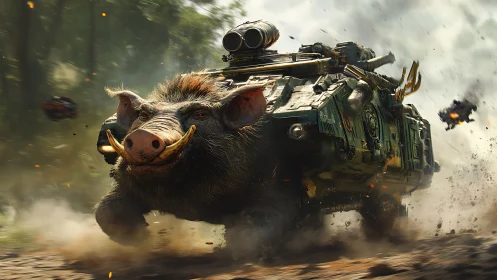 Armored warthog tank charges through explosive battlefield.