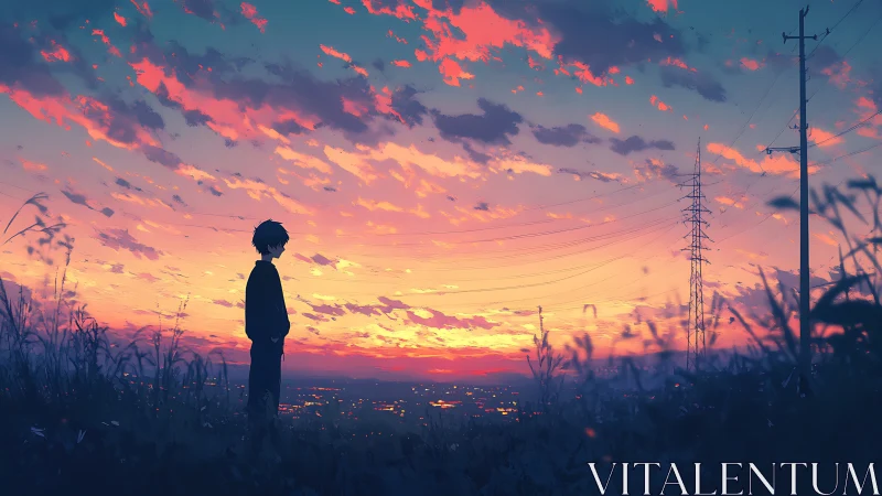 Silhouetted boy stands over city under vivid sunset sky.