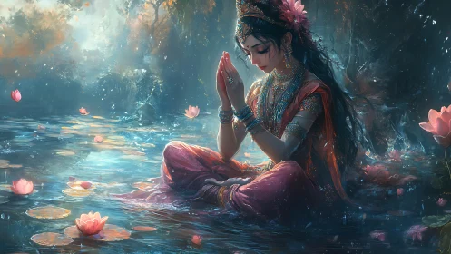 Lotus pond meditation with jeweled goddess in twilight.