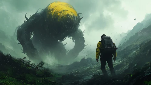 Explorer confronts massive alien creature on stormy ridge.