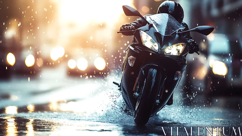 Sport motorcycle cuts through wet city street in rain