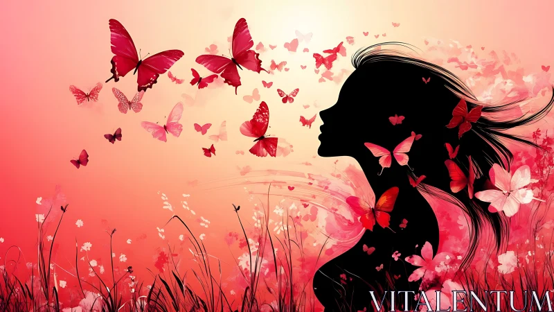 Silhouette dreamer serenaded by a crimson butterfly storm.